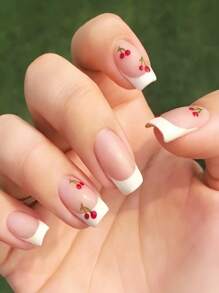24pcs French Style Cherry Blossom Design Press-On False Nails Set With Nail File And Nail Glue