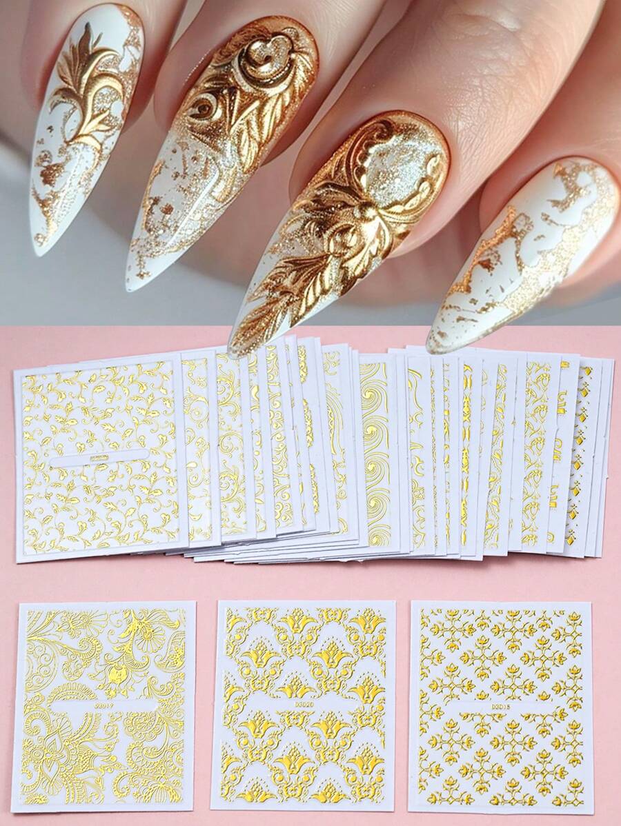 30片金箔花朵美甲贴纸，自粘式美甲贴花，女士美甲用品，30片3D立体浮雕花朵美甲贴纸（金色），金色蕾丝花朵浮雕美甲贴纸，不对称几何闪粉装饰，春夏花卉美甲，女士美甲必备 - 彩色 - 查看 1
