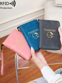 MIYIN RFID Blocking Passport Cover Card Holder With Card Slot ID Window,Solid Color PU Letter&Airplane Pattern Portable Passport Clip Ticket Clip Bank Card Bag Versatile Zippered Mobile Phone Travel Passport Wallet For Men And Women, With Wrist Strap,For Travel Flight Go Abroad For Business,Passport Holder Passport Case Passport Bag Travel Accessories Back To School Stuff (Peacock Blue)