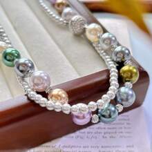 1pc Double-Layer Twisted Retro Mixed Bright Crystal & Faux Pearl Necklace, Fashionable Choker Necklace For Women, Suitable For Daily Matching, Mother's Day Gift - Picture Color - View 7