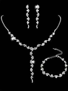 4pcs/Set Rhinestone Embellished Luxurious Design Pendant Necklace & Earrings Set, Elegant Lady Style, Suitable For Wedding, Party, Holiday - Silver - View 3
