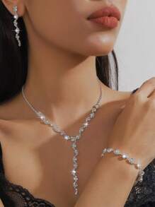 4pcs/Set Rhinestone Embellished Luxurious Design Pendant Necklace & Earrings Set, Elegant Lady Style, Suitable For Wedding, Party, Holiday - Silver - View 1