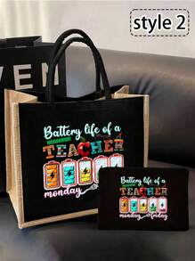 2 Pieces Teacher Appreciation Gift Set - Large Capacity Fashion Tote Bag With "Teacher" Print, Black Linen Coin Purse, Cosmetic Bag, Lining, And No Closure - Perfect For Educators And School Staff, Teacher's Thank-You Gift, Stylish Casual Accessories For Outings, Vacations, Daily Commute, Thank You Teacher Gifts - Black - View 14