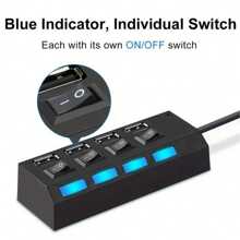 7 端口/4 端口带 LED 灯 USB 2.0 适配器集线器，[仅支持数据传输，无法充电] 带独立电源开/关，适用于计算机、平板电脑、笔记本电脑 [仅支持数据传输，无法充电] USB 连接器、计算机鼠标、键盘、存储卡、独立开关、通用集线器 - 彩色 - 查看 6