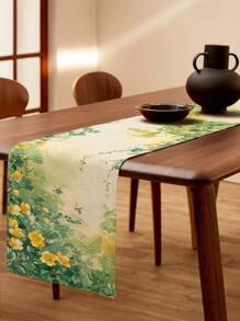 1pc Watercolor Style Yellow & White Flower, Floral Plant, Leaf Pattern Rectangular Double-Sided Printed Table Runner, Suitable For Daily Dining Room, Kitchen, Tabletop Decor, Cabinet Cover, Indoor/Outdoor Party, Gift For Family