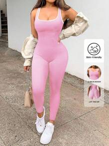 Yefecy Women's Yoga Ribbed One Piece Tank Tops Rompers Sleeveless Exercise Jumpsuits Shapewear Bodysuit - Pink - View 1