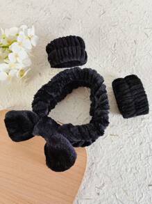 16件装粉色/黑色波浪形优雅纯色加厚发箍腕带毛绒发圈花朵发夹粉色配饰返校发型 - 黑色 - 查看 11