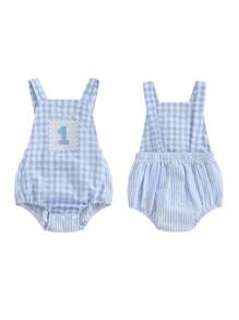 Baby Boys Rompers 1st Birthday Clothes Letter Embroidery Sleeveless Summer Bodysuits Jumpsuits - 藍色 - 查看 2