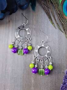 2 件几何空心流苏星形吊坠耳环，多色金属水晶树脂波西米亚风派对珠宝女士 - 彩色 - 查看 2