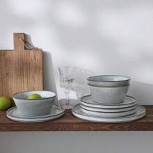 Famiware Saturn Dinnerware Sets, Plates And Bowls Sets For 4, 12 Pieces Stoneware Dish Set - Chip And Scratch Resistant, Microwave And Dishwasher Safe Tableware Set, Light Green With Brown Rim