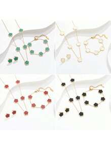 4 件/套时尚不锈钢双面贝母四叶草项链、手链、耳环、18K 金简约吊坠项链套装，优雅 - 金色 - 查看 1