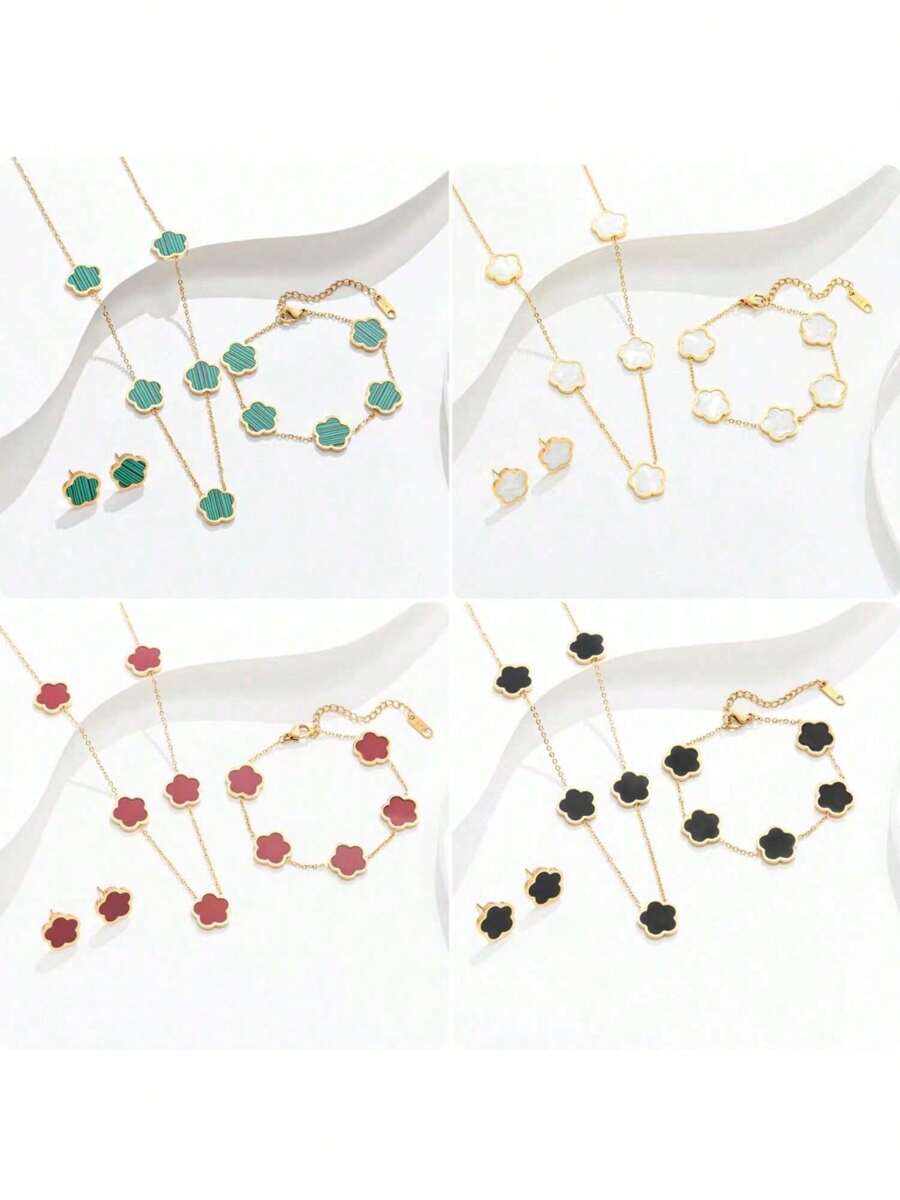 4 件/套时尚不锈钢双面贝母四叶草项链、手链、耳环、18K 金简约吊坠项链套装，优雅 - 金色 - 查看 1