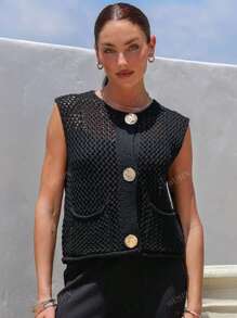 Women Knit Weave Vest Spring Summer Sleeveless Jacket Spring Autumn Casual Slim Elastic Solid Top