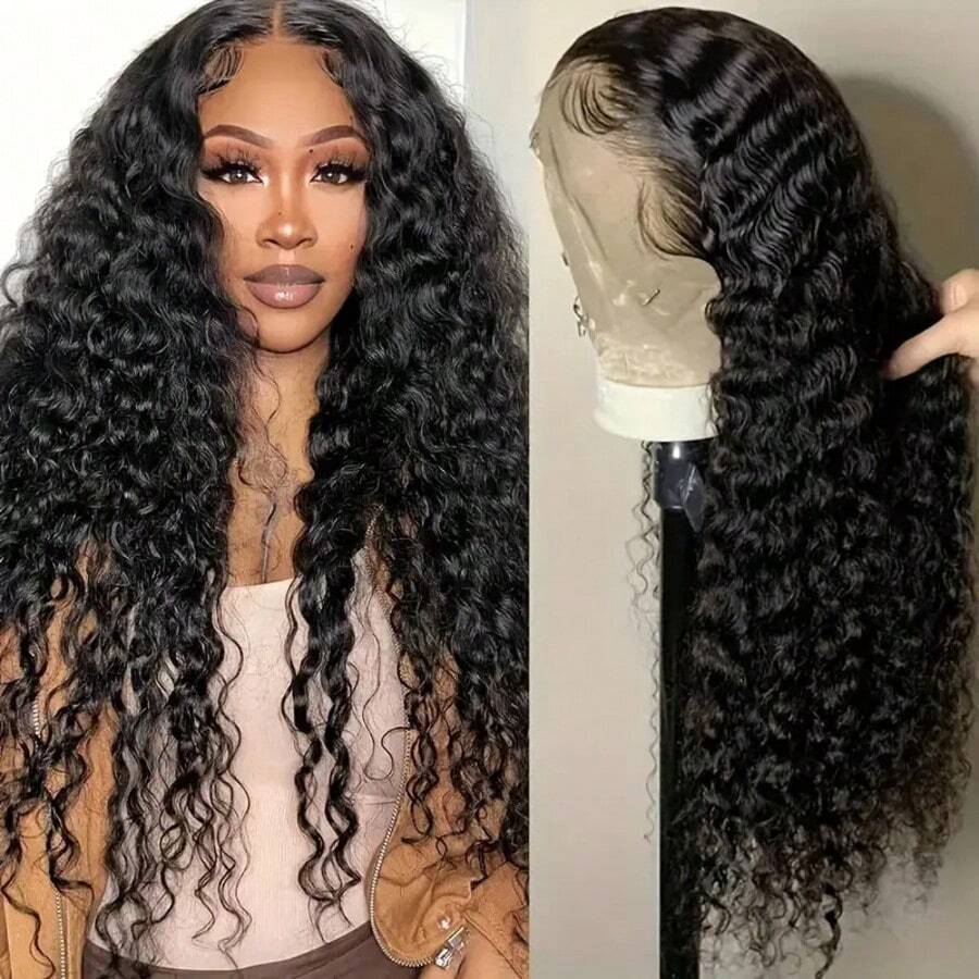 Luxurious Deep Wave 13x6 HD Lace Front Wig 250% Density Virgin Human Hair Pre-Plucked Glueless Curly Style Elegant Black For Women Curly Hair Wig Premium Quality Wig Accessories