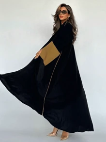 Women's Dubai Inspired Open Front Long Robe, Elegant Style With Stitching & Oversized Sleeves, Modest Kaftan - Brown - View 3
