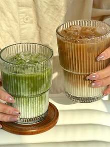 1个条纹玻璃咖啡杯，带盖和吸管，便携简约风格，可盛装水、茶或咖啡，圆形，容量400毫升 - 彩色 - 查看 2