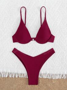 2pcs Women Summer Solid Color Steel Bra Sexy Bikini Set