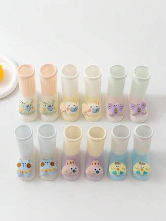 2 双新生儿袜子，轻便夏季，可爱卡通设计，防滑，宽松袖口，适合 0-12 个月婴儿