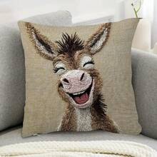 1 Peça Capa de Almofada de Veludo de Poliéster Pêssego, Estampado com Pintura em Aquarela Caprichosa de um Burro Sorridente - Impressão Única Face, Não Bordada, Estilo Country, Com Zíper, Lavável em Máquina, Adequada para Decoração de Sofá e Cama, Medida 45x45cm
