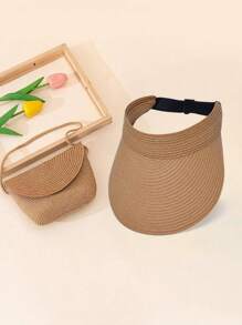 1set Women's Summer Bohemian Khaki Wide Brim Straw Hat & Straw Crossbody Bag Combo, Fashion Casual Sun Protection Hat Beach Tote Foldable For Travel Beach Outdoor Cycling
