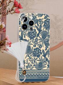 Flower 1pc White TPU Classic Printed Pattern Shockproof Phone Case And 1pc White Tassel Enamel Lanyard, Compatible With IPhone/Android Phones Like IPhone 16 Pro Max, A14, A54, A52, A31 4G, A23, Redmi Note 8 Pro, Note 11 Pro 4G, Note 12 4G, OPPO A54