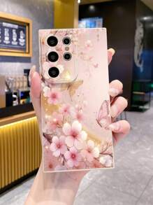 1 pieza Funda de teléfono con diseño floral y de mariposa, compatible con Apple, Galaxy, Infinix, Redmi, OPPO, VIVO, Realme, resistente al agua, a los golpes, a las caídas y a los arañazos, versión internacional, no la versión nacional - Beis - Ver 4