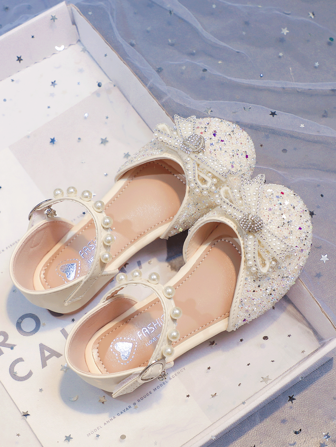 Girls' Bowknot Rhinestone Hook And Loop Flat Sandals, Solid Color, Fashionable And Children's Shoes For Summer