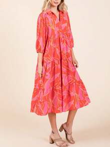 Womens Casual Boho Chic Floral Print Tiered Midi Dress Tropical Orange Pink Abstract Pattern V Neck Three Quarter Puff Sleeve Loose Fit Summer Beach Vacation Party Dress