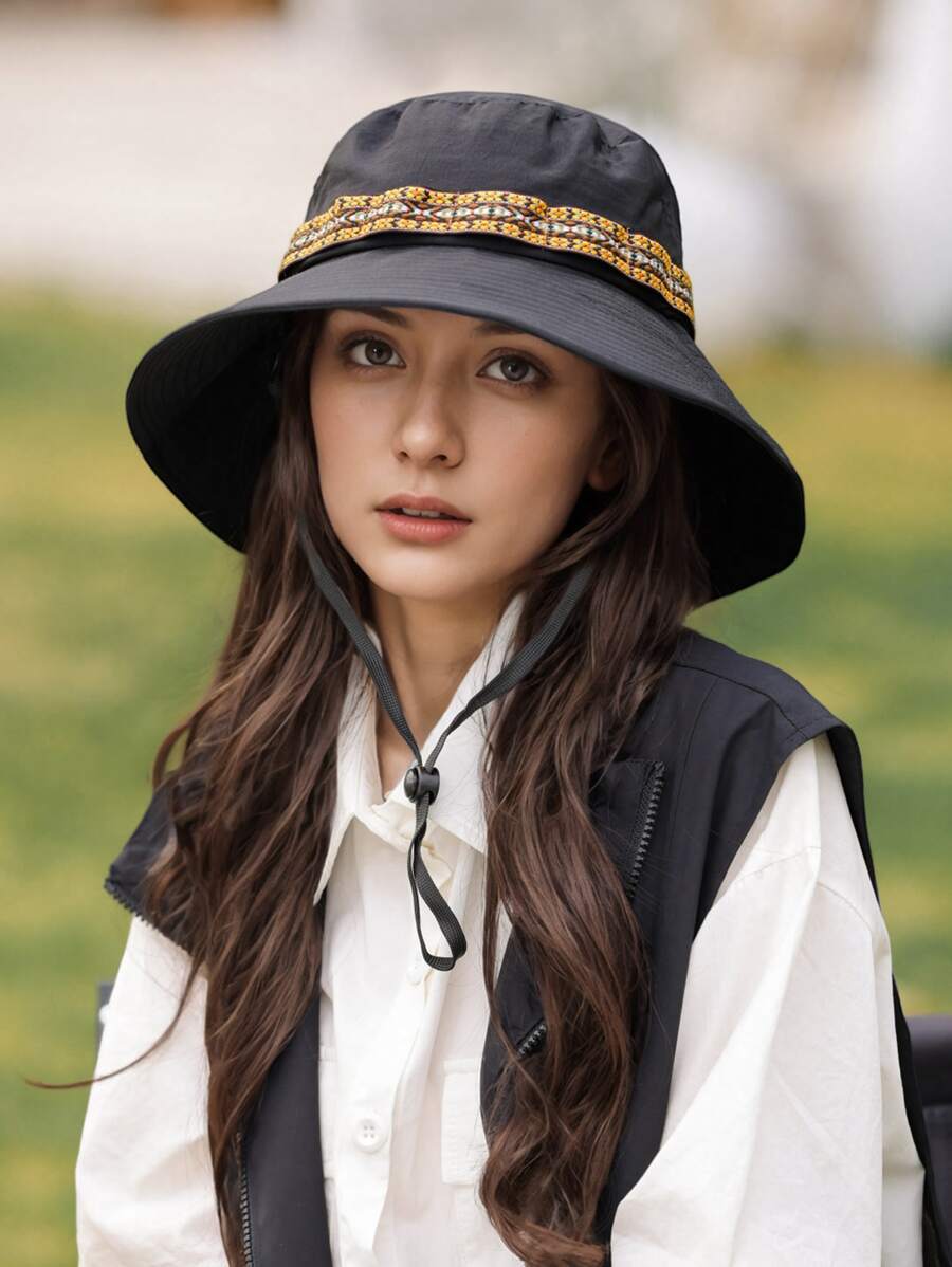 1 pieza Sombrero de cubo de unicolor con banda tejida para mujeres, casual y de moda, liviano y transpirable para protección solar, adecuado para actividades al aire libre, viajes, campamento, senderismo, diseño unisex para uso diario, primavera/verano