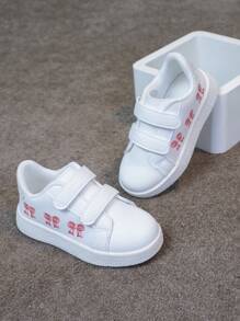 1 Pair Kids Versatile Breathable White Sneakers With Embroidered Bow, Chinese Knot Decor, Fashion Casual Patchwork Flat Shoes For Boys And Girls