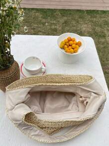 Personalized Embroidered Name Straw Craft Beach Vacation Style Tote Bag, Vintage Large Capacity Shoulder Bag - Apricot - View 4