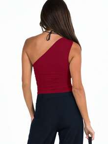 Women's Summer One Shoulder Tank Tops  Soft Stretchy Solid Color Floral For Daily Date Night Party - 酒紅色 - 查看 4