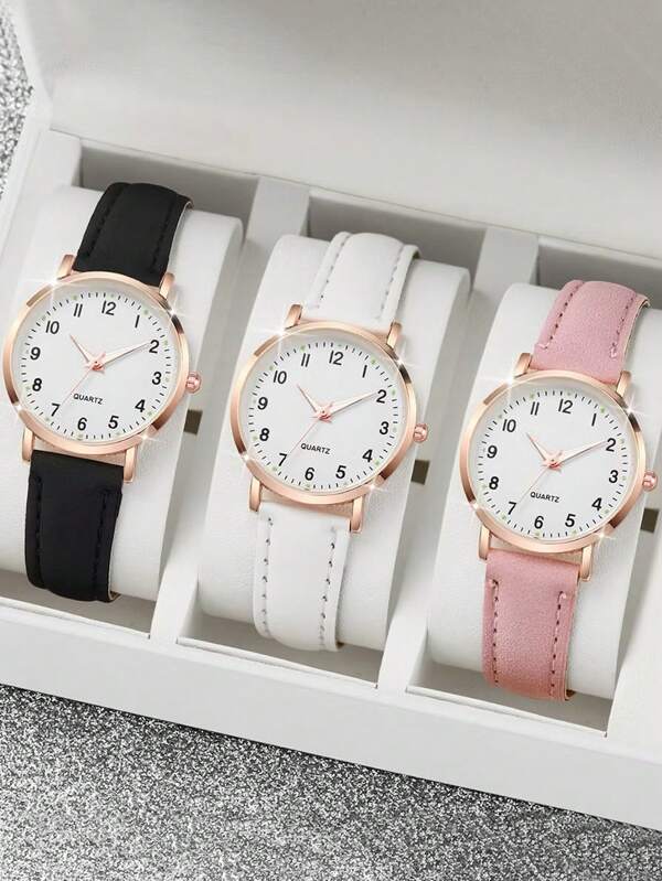 1 Pc Lovely Round Pointer Quartz Watch With Luminescent Analog Matte Colorful PU Leather Strap, For Ladies' Daily Use. A Gift For Mom On Mother's Day And For Dad On Father's Day.
