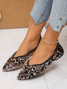 女士加大码美国尺码 5-10 春秋新款时尚棕色和蓝色面料尖头平底一脚蹬休闲鞋，适合搭配裙子