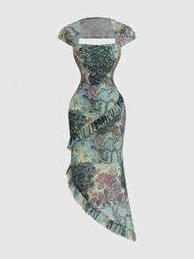 女式波西米亚风中长连衣裙秋季新品，休闲网眼 A 字形荷叶边下摆性感约会夜出圆领紧身裙 - 綠色 - 查看 2