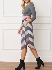 Boho Vintage Magenta Ivory Coral Pink Yellow Stripe  Band Trim Midi  Swing Southern Dress | Small-3 XL Plus - 深灰色 - 查看 4