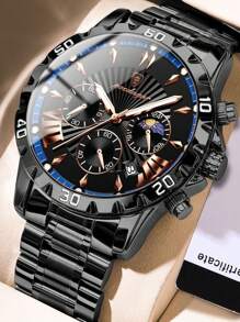 POEDAGAR Fashionable Stainless Steel Quartz Watch For Men, With Calendar Function, 30M Water Resistant, Chronograph Sub-Dial, Suitable For Birthday/Holiday Gift And Casual Daily Wear - Blue - View 11