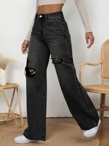 Vaqueros Anchos Rasgados Para Mujer - Negro - Ver 2