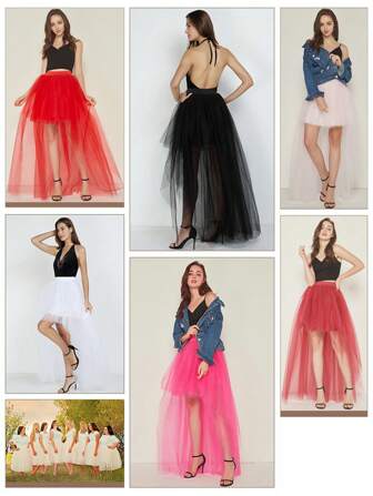 女士性感欧式黑色薄纱裙，不对称前短后长蓬松红色薄纱裙，成人伴娘/舞台表演裙秋季女士服装