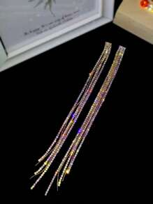 Glamorous Spring Colorful CZ Crystal Long Tassel Earrings Stud Dance Club Party Graduation Jewelry 1 Pair