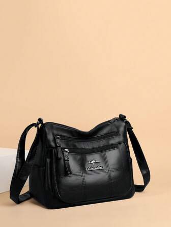 Bolsa de Couro Macia Multicamadas, Bolsa de Ombro e Transversal Versátil Casual e da Moda para Mulheres de Meia-Idade com Grande Capacidade