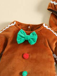 Infant Baby Girl Boy Fuzzy Jumpsuit Cute Gingerbread Man Bow Tie Hooded Romper Fall Winter My First Christmas Outfit - Brown - View 4
