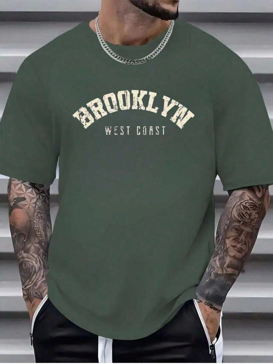 Brooklyn Men's Shirt Cotton Blouse Imported T-Shirt Premium Mesh - 軍綠色 - 查看 1