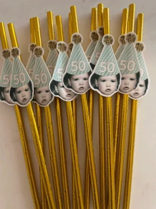 12Pcs Customized Age Number & Face Golden Paper Straws, Single Girl Birthday Party Paper Straws Decor For Wedding, Birthday, Anniversary, Bachelorette Party, Multi-Functional, Ornamental, Reusable, Exquisite, High-Quality, Colorful, Modern, Custom, Personalized, Unique, Ideal Gifts For Her, Dad, Mom, Family, Friends, Tea Room, Home, Garden, Office, For Anniversaries, For Valentine's Day, For Mother's Day, For Father's Day, For Housewarming, Home Refresh, Customized Water Bottle & Cup Accessories - Multicolor - View 8