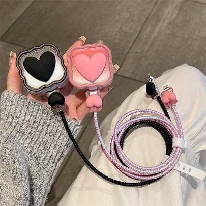 5件/套 英规20W充电器头保护壳 兼容 16 Pro Max充电线 心形渐变涂装 兼容 13 14 15数据线保护套 防咬充电器保护套