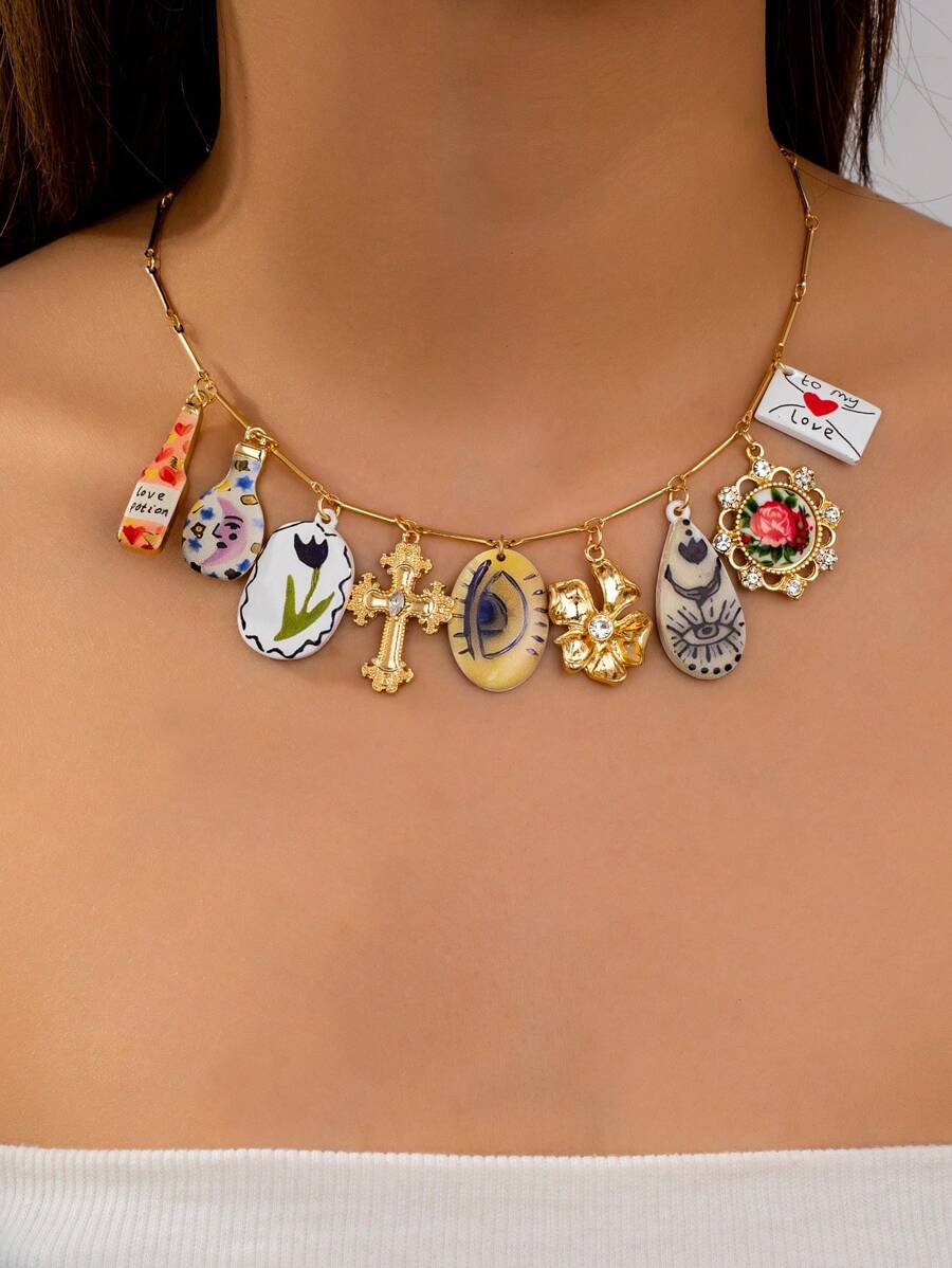 1 Pc Printed Flower Cross Charms Necklace For Women Lily Flower Floral Moon Star Necklace