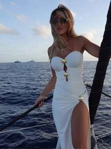 Elegant & Sexy Women's Beach Hollow-Out Bandeau One-Piece Swimsuit With Cover-Up & Skirt Set