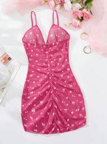 Women's V-Neck Bowknot Cherry Love Digital Printing,Ruffle Hem Bodycon Slip Dress,Sheer Sleep Skirt,Backless Babydoll,Summer Short Dress,Romantic Date,Mesh Cami Mini Dress,Sexy Lingerie Dress, Vacation