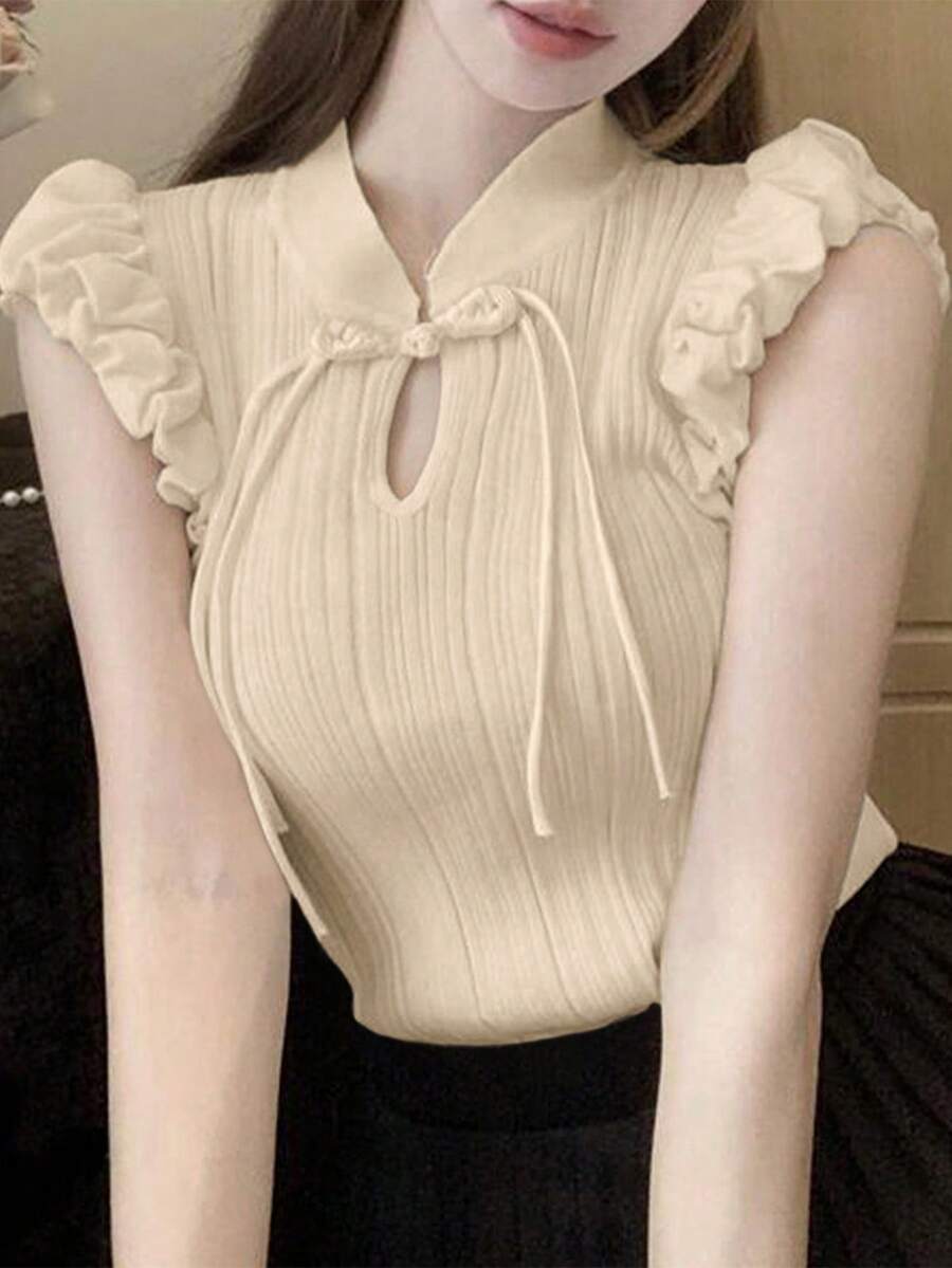 2 件套女士中式泡泡袖纽扣针织上衣，夏季针织衫 - 杏色 - 查看 1