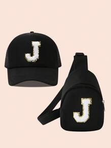 2 件儿童字母卡车设计棒球帽 + 女童迷你背包套装，轻便便携式零钱包，适合户外防晒